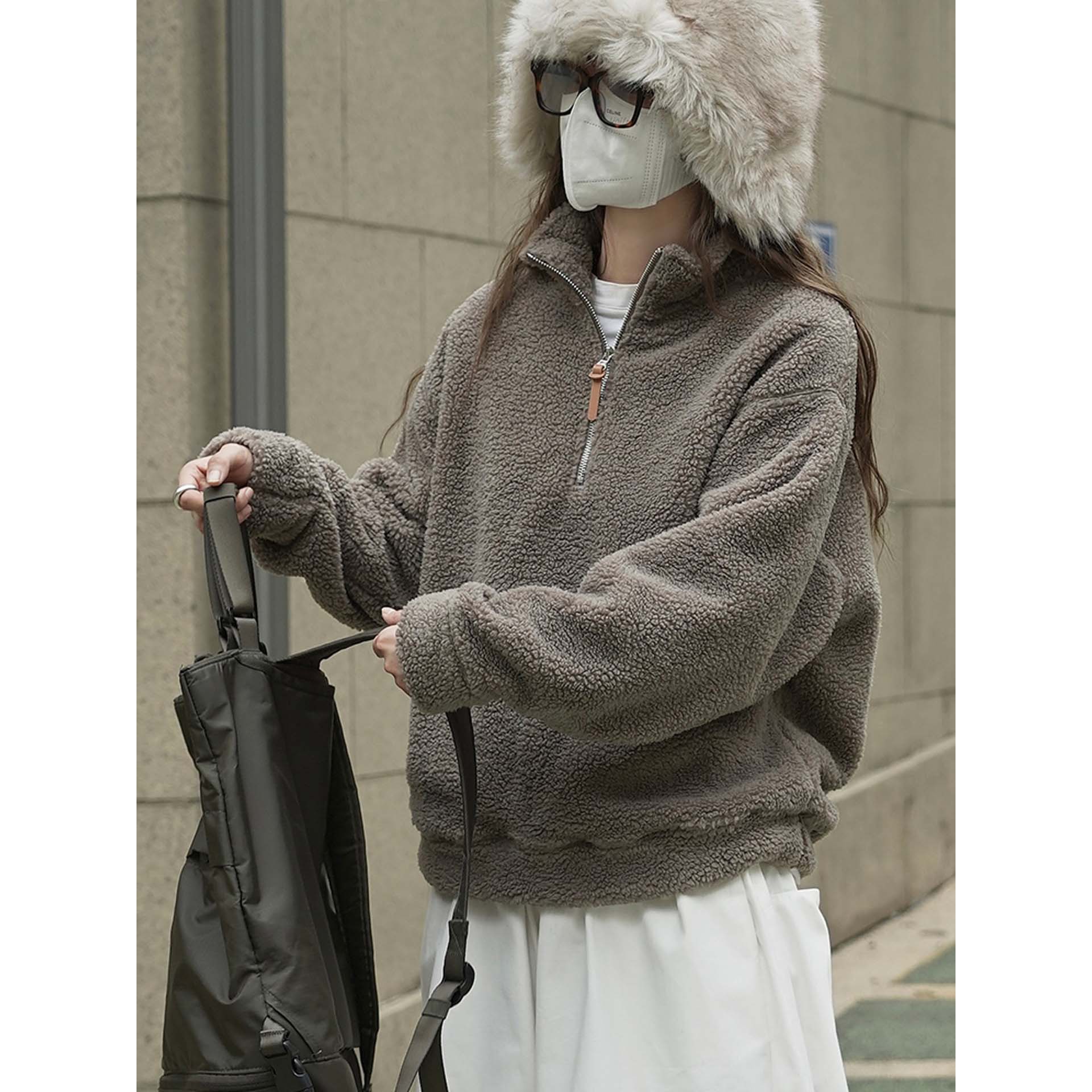 2025冬季新款韩版慵懒羊羔毛半高领卫衣宽松软糯亲肤保暖上衣女
