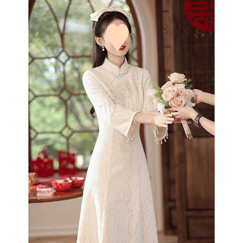 白色旗袍新中式订婚礼服裙女2024新款日常小个子领证登记平时可穿