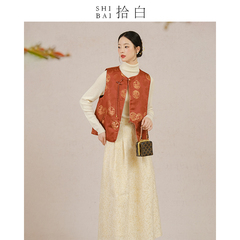 SHIBAI拾白 月下桂兔 新中式马甲原创中国风女装提花红色盘扣马夹