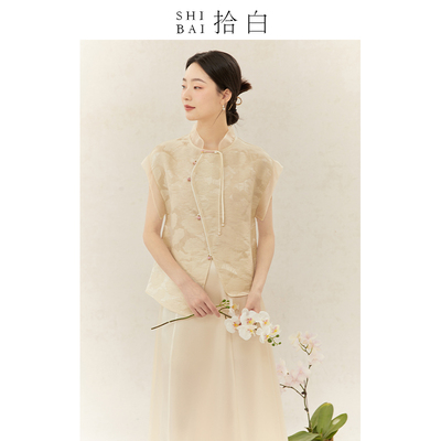 拾白原创丝麻莲荷纹提花上衣