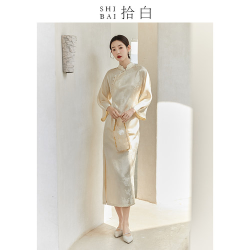 SHIBAI拾白原创新中式春季国风提花人丝斜襟连衣裙女休闲日常长裙
