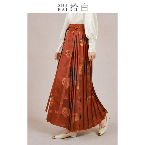 SHIBAI拾白新中式马面裙敬酒服红色改良明制汉服云鹤纹织锦缎半裙