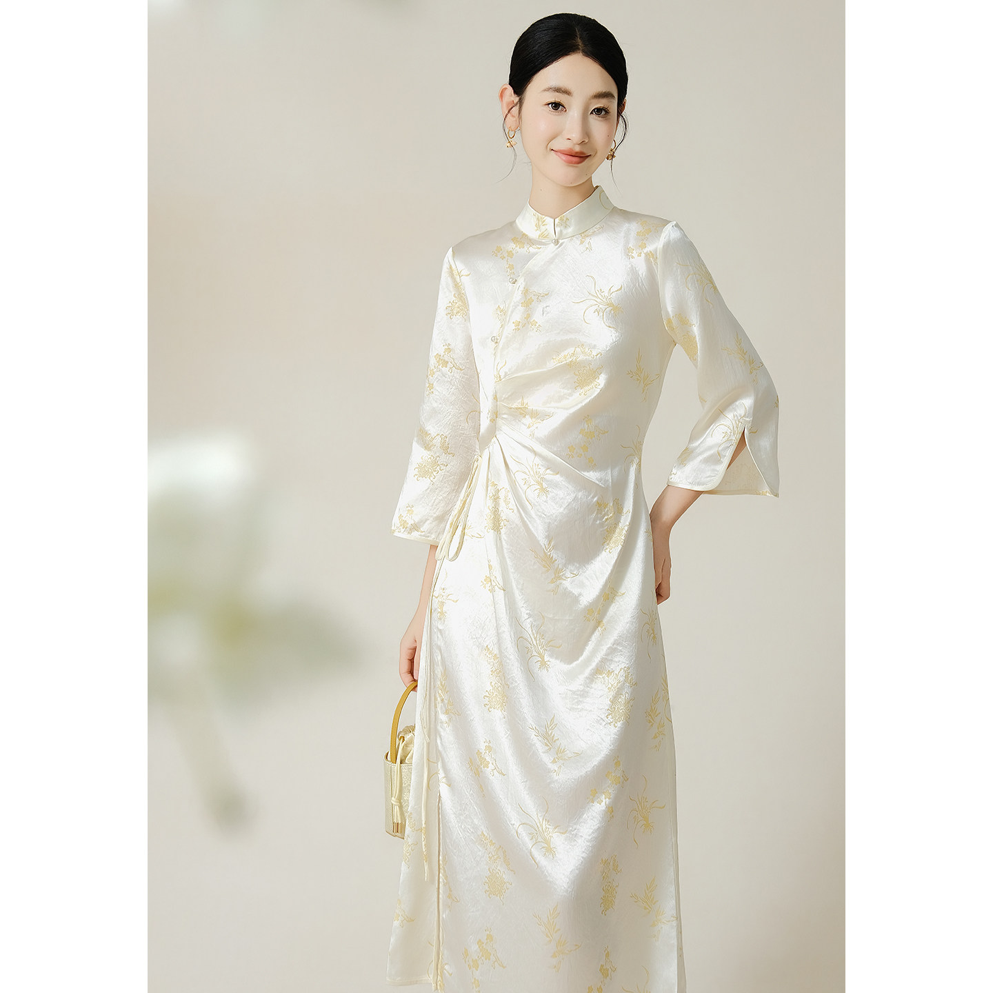 SHIBAI拾白夏季修身显瘦遮肉提花缎面绝美旗袍醋酸新中式女连衣裙