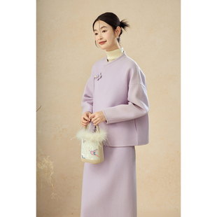 SHIBAI拾白高端新中式秋冬新款香芋紫浪漫系羊绒大衣外套半裙套装