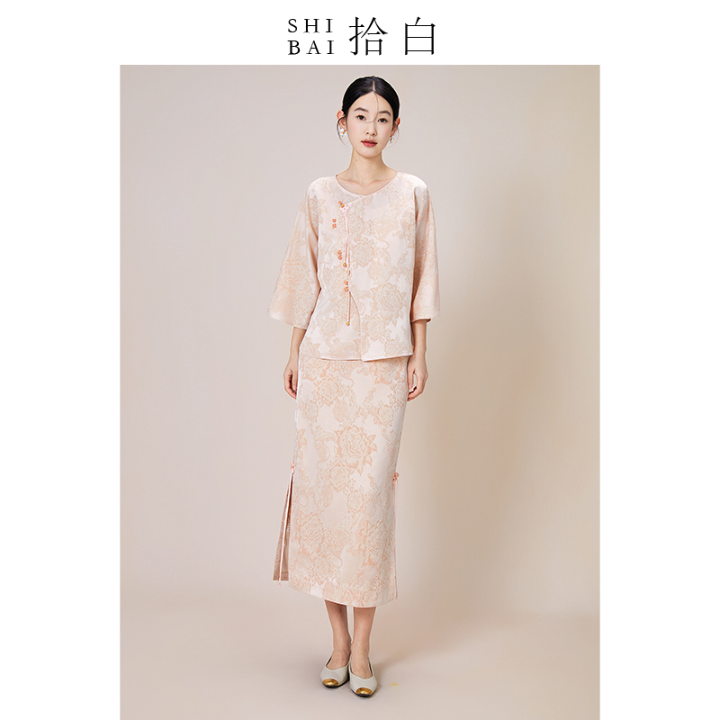 SHIBAI拾白新中式盘扣改良禅意上衣女夏2025新款国风半裙织金套装