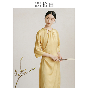 连衣裙2024夏季 SHIBAI拾白新中式 新款 原创国风竹叶印花收腰显瘦裙