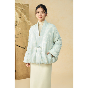 SHIBAI拾白淡雅禅意盘扣气质天丝织锦提花新中式羽绒服女高级外套
