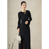 SHIBAI拾白新中式 黑色打底百搭羊毛混纺肌理感简约收腰高级连衣裙