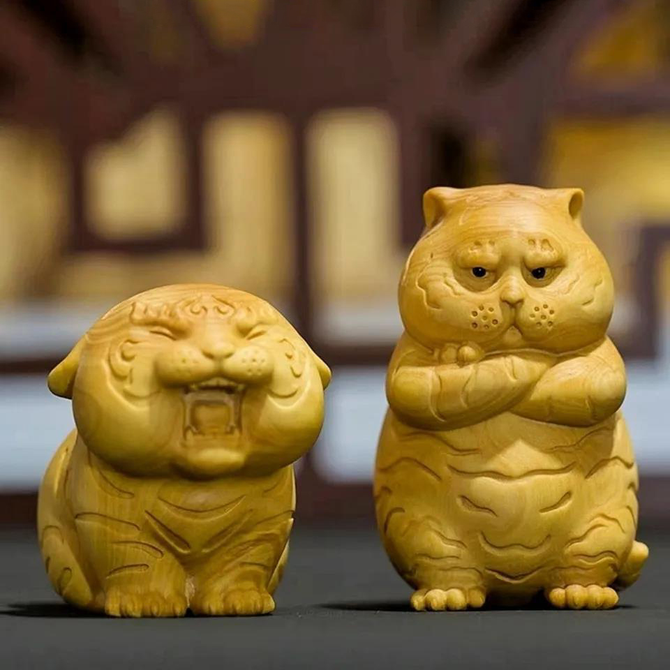 木雕摆件黄杨木生肖小胖虎客厅桌面可爱动物装饰文玩送礼生日礼物