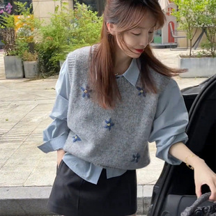 法式灰色提花针织无袖坎肩马甲女早秋季叠穿短款毛衣背心上衣外搭