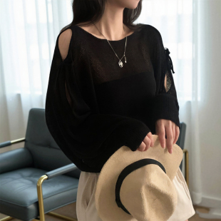 韩国chic春夏系带镂空露肩宽松透视薄款防晒针织衫套头罩衫上衣女