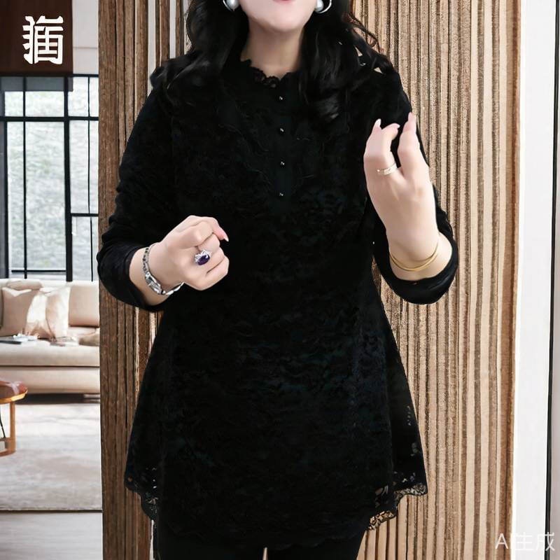 中长款蕾丝打底衫女春秋冬时尚内搭加绒加厚高领长袖洋气t恤上衣