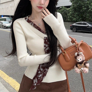 巨好看的春秋冬季气质丝带V领打底衫女内搭毛衣高端长袖针织上衣