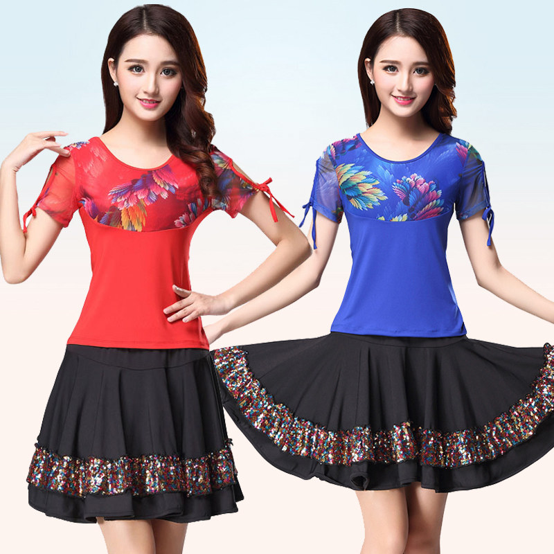 广场舞服装新款绣花短袖舞蹈上衣裙子套装跳舞练习运动服演出衣服