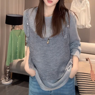 灰色假两件针织衫女欧货新款设计感圆领长袖拼接百搭洋气显瘦上衣