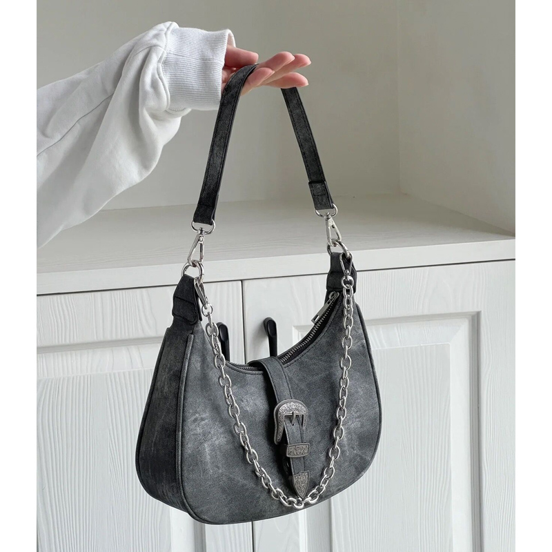 复古单肩包帆布腋下包链条手提包