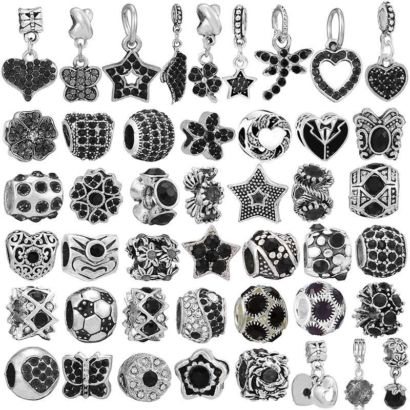 潘家热销款串珠黑色镶钻大孔珠吊坠DIY手链项链配件跨境电商货源