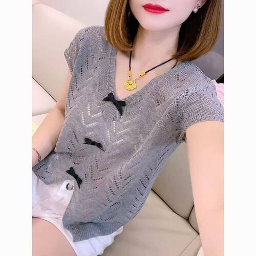 【送内搭】设计感镂空蝴蝶结短袖针织衫女夏季新款减龄洋气上衣服
