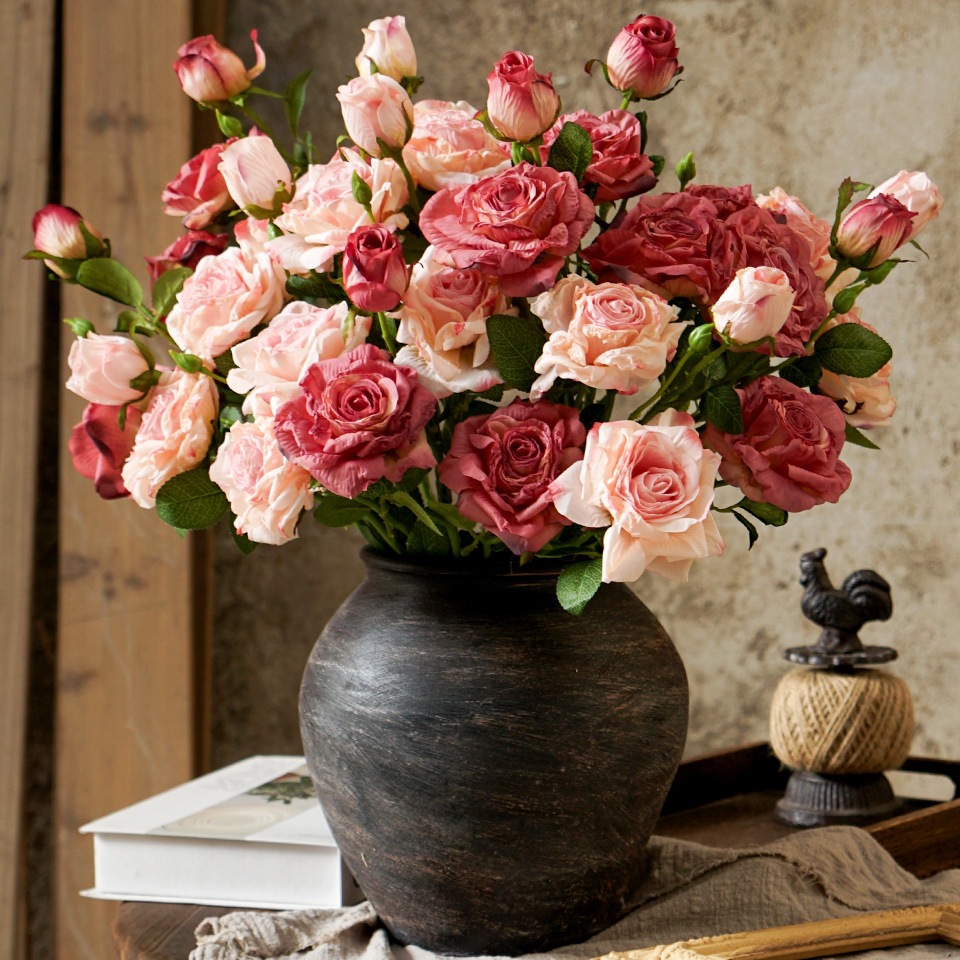 法式焦边月季玫瑰花仿真花客厅餐桌装饰花摆件假花干花插花高级感