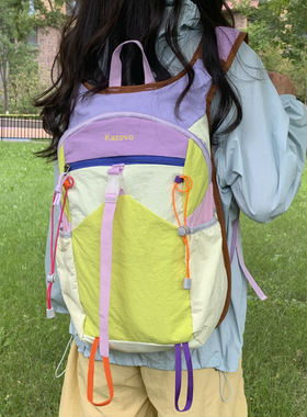双肩包女小众设计多巴胺拼色大容量背包户外徒步登山包骑行包男
