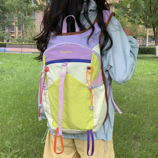双肩包女小众设计多巴胺拼色大容量背包户外徒步登山包骑行包男