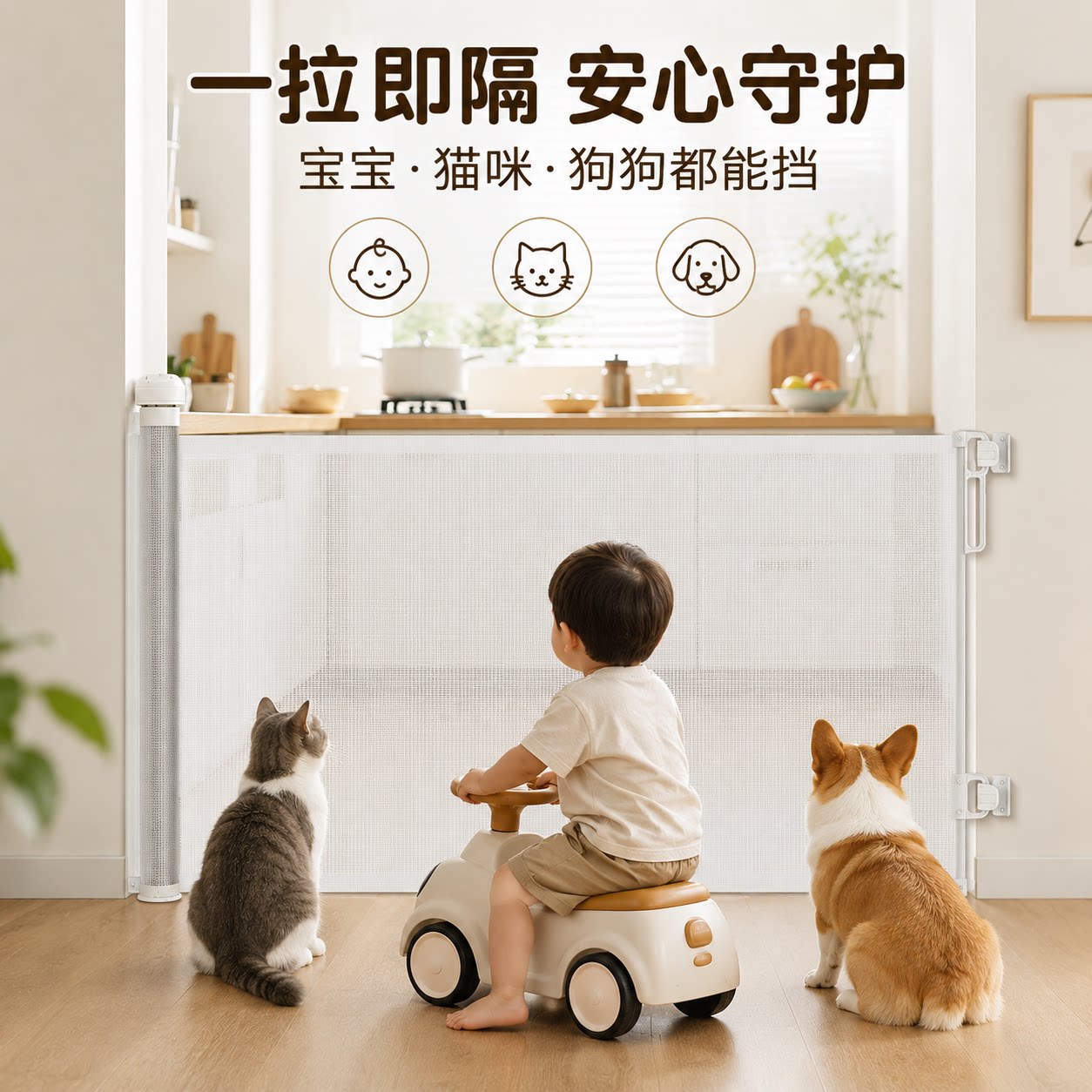 伸缩免打孔宠物围栏安全隔离网狗图片