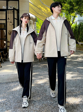 班服套装初中生秋季运动会学院风高中小学生连帽拼接冲锋衣三件套