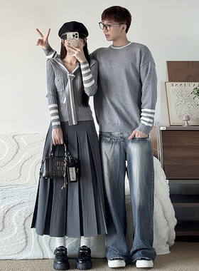 情侣装2025早秋新款海军领修身显瘦针织衫套头毛衣半身裙一衣一裙
