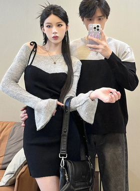 小众设计感情侣装秋季2025新款韩版喇叭袖针织连衣裙法式一裙一衣