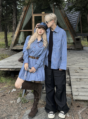 蓝色格纹衬衫外套男女2026春秋季新款美式休闲长袖古巴领情侣衬衣