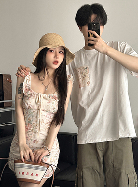 设计感小众情侣装一裙一衣气质方领荷叶边短裙女褶皱显瘦连衣裙夏