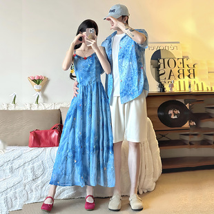 衬衫 情侣装 蓝色吊带连衣裙沙滩海边度假短袖 法式 一裙一衣 2025夏季