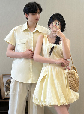 情侣装夏季2025新款网红学院风法式花苞工装连衣裙韩版显瘦短袖潮
