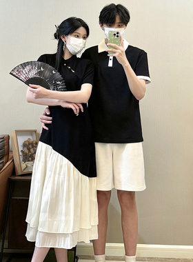 法式情侣装夏季一衣一裙韩版短袖T恤高级感气质复古显瘦连衣裙潮