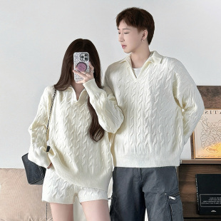 秋冬新款 长袖 毛针织衫 miu系V领毛衣短裤 套头网红潮 套装 实拍情侣装