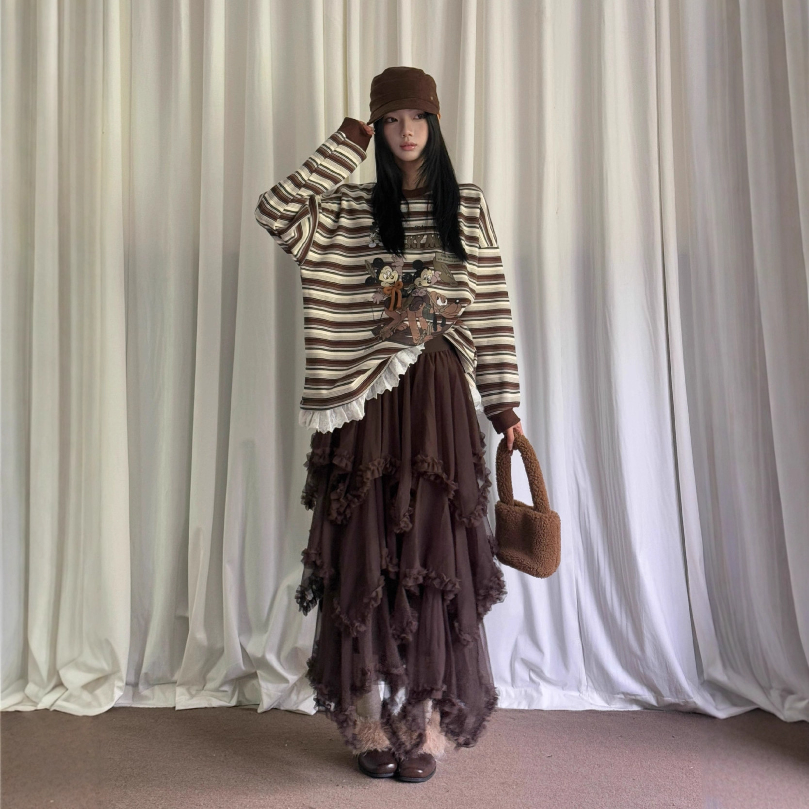 ME KAKAMEE十三行冬韩系压褶花边不规则设计内里加绒纱裙长裙时尚