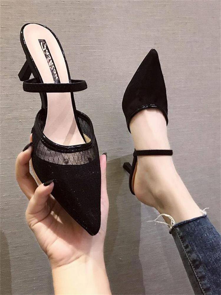 高跟鞋女鞋2019新款細跟穆勒鞋波點網紗包頭半拖鞋壹字帶外穿涼拖在類目 女鞋, 涼鞋中 - 來自Buy2taobao.com提供專業的淘寶代購服務