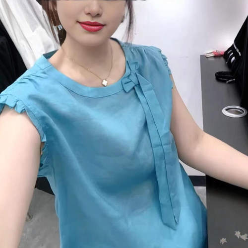 25713新大爱美依缘2026夏季花边袖领口蝴蝶结绑带无袖上衣女T恤 - 封面