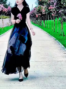 25901赫本风短袖V领上衣不规则半身裙洋气女时尚套装2025夏季长袖