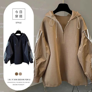 条纹拼接半拉链连帽卫衣女秋季韩版潮流痞帅休闲学生宽松套头外套
