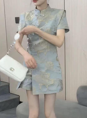 新款26117新大爱美依缘2026夏季国风复古提花显瘦旗袍裙+短裤套装