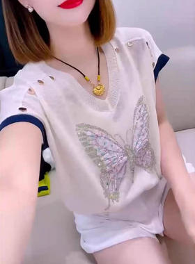 25837新大爱美依缘时尚重工烫钻蝴蝶图案宽松短袖上衣女T恤中等