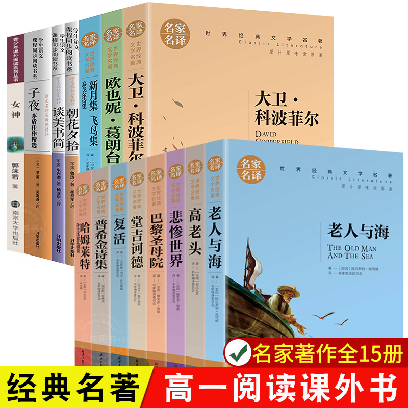 全15册 高一语文名著阅读全套 老人与海巴黎圣母院高中生阅读书籍课外书朝花夕拾堂吉诃德正版高老头哈姆雷特呐喊复活文学经典书目