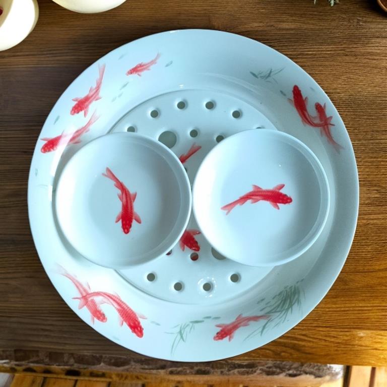 家用陶瓷水饺盘子中式骨瓷饺子盘沥水双层盘子带醋碟蒸饺子盘精致