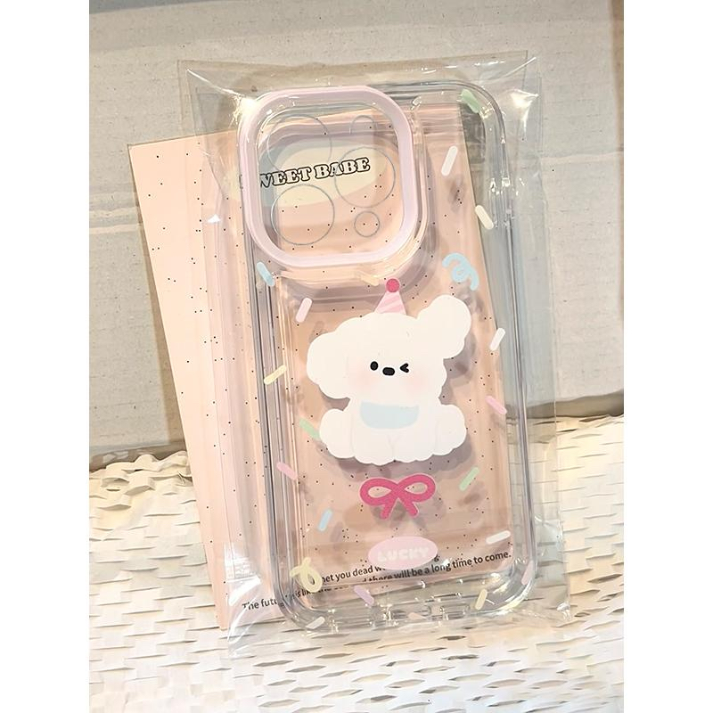 可爱生日派对白色小狗适用苹果16手机壳iPhone15promax新款14pro小众xs/x网红13爆款11防摔12全包8/7保护壳套