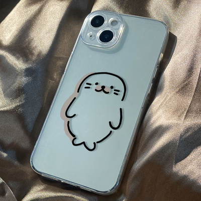 可爱线条小海豹适用于苹果16promax手机壳iPhone15新款16保护套13个女款14硅胶防摔15pro透明壳12高级感