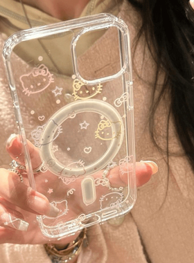 可爱彩色线条凯蒂满屏简笔画适用于苹果15/14透明磁吸全包软边大孔硬壳11/12promax高级防摔高透13