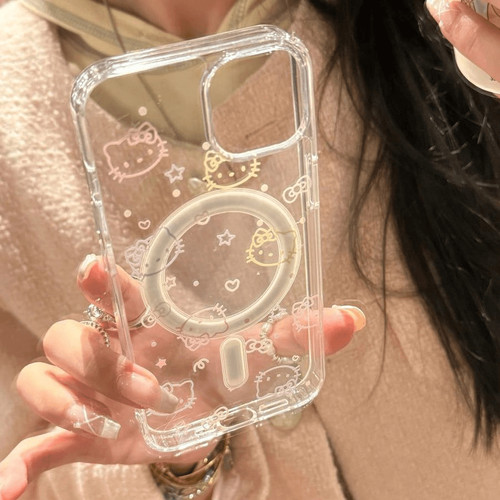 可爱彩色线条凯蒂满屏简笔画适用于苹果15/14透明磁吸全包软边大孔硬壳11/12promax高级防摔高透13