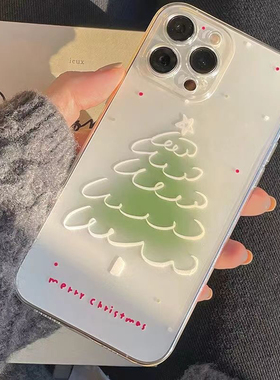 绿色涂鸦手绘圣诞树适用苹果16手机壳iPhone15promax新款14pro小众xs/x网红13爆款11透明防摔12全包8/7保护壳