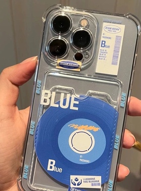 蓝色唱片插卡适用于苹果15/14p卡套手机壳透明个性 11/12promax高级xs/xr防摔7p